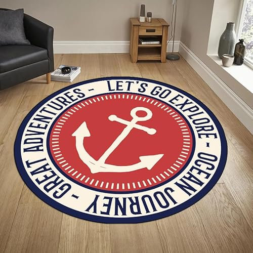 SANBEC Runder Teppich mit Anker-Motiv, für Wohnzimmer, Schlafzimmer, Küche, Eingangsbereich, rutschfeste Flanell-Stuhlmatte, waschbar