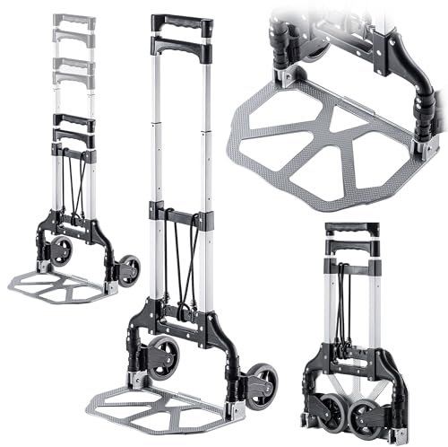 KADAX Diable de transport pliable en aluminium avec poignée télescopique (100 cm), chariot à main avec surface de chargement antidérapante et roues fluides – Diable compact pour la maison, le jardin