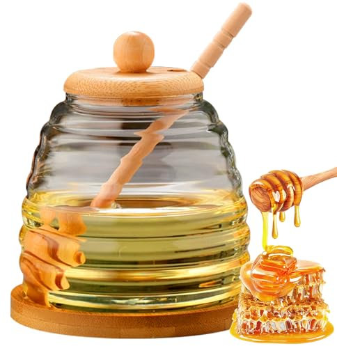 HIULLEN 500ml Honigglas mit Honiglöffel, Honigspender, Honigtopf mit Dipper und Deckel, Bienenstock Honigglas aus Glas für die Küche zu Hause Theke oder Tischdekoration