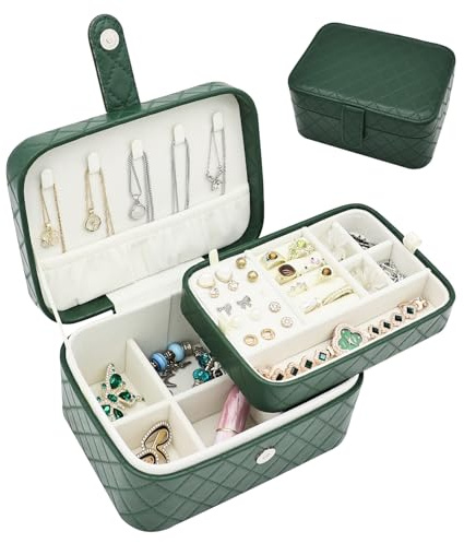 Boxudeli Jewellery Box, 2-Layer Jewellery Organiser Medium Travel Jewellery Box, Portable Faux Leather Jewellery Storage Boxes with Argyle for Women, Jewellery Case Home Gift Ideas (Dark green)