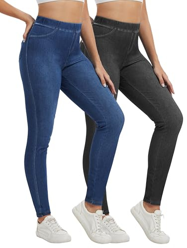 NebuKinex 2 Pack High Waisted Jegging for Women Stretchy Tummy Control Skinny Jeans Pull on Leggings with Pockets Trendy Black/Blue L