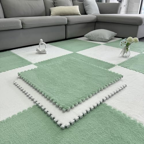 Playmat Grand tapis puzzle 10 pièces carrés en peluche emboîtables - Carreaux de sol en mousse pour sol de puzzle, tapis de salle de jeux (vert clair + blanc, 61 x 61 cm)
