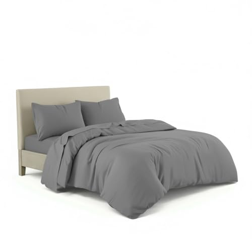 Linen Tribe 100% Cotton Duvet Cover Set - 3Pcs Flannelette Quilt Cover & Matching Pillow Cases - Thermal Bedding Ultra Soft Plain Flannel Brushed Cotton Winter Bedding (Grey, Double)