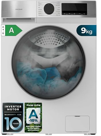 Cecotec Lavadora Carga Frontal 9Kg Bolero DressCode 9450 Inverter, 1400 rpm, 16 programas, Clase A-10%, Motor Inverter Plus, Allergy Care, Pearl Drum, Función Silence, Stop&Go y Kid Lock, Blanca