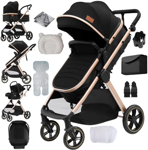 Aveainelle 3-i-1 barnvagn, ligg- och vändbart resesystem, buggy, 3-delad hopfällbar barnvagn, barnvagn med kompletta tillbehör och dubbelbromsar (588 kaki)