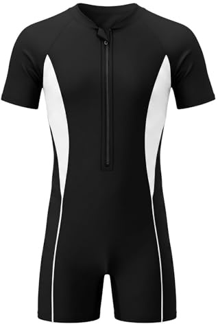 Kids One Piece Swimsuit with Zip, Short Sleeve Rash Guard Style, Stretchy Swimwear for Boys and Girls (UK, Age, 12 Years, 15 Years, Regular, White)