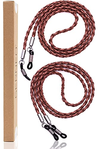 GERNEO® - Milán - correa de cuero trenzado para gafas - cordón de cuero artificial unisex para gafas de sol y de lectura - soportes gris antracita (2x marrón)
