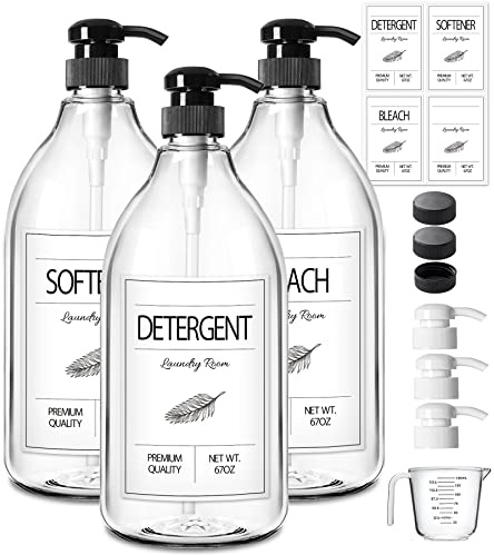 GMISUN Laundry Detergent Soap Dispenser, Liquid Laundry Detergent Dispenser, Container for Farmhouse Laundry Room Decor, Organizer for Liquid SoftenerBleach Heavy Duty Plastic Bottle(64 Oz 3 Pack)