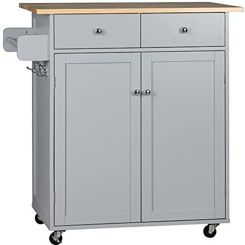 HOMCOM Rolling Kitchen Island on Wheels, Utility Serving Cart with Rubber Wood Top, Towel Rack, Hooks and Storage Drawers, Grey