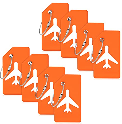 Flintronic 8 PCS Etiquetas de Equipaje, Etiquetas de Maleta de Silicona Suave de Color Brillante con Cable de Acero y Tarjeta de Identificación con Nombre Viajes, Equipaje Facturado (Naranja)