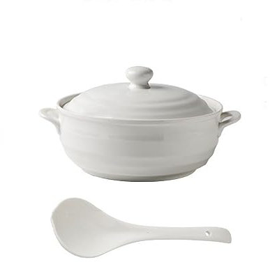 Soupière en céramique blanche à double poignée Casserole en céramique ronde blanche/pot en terre cuite/pot en terre/ustensiles de cuisine en céramique avec couvercle résistant à la chaleur, 1200 ml