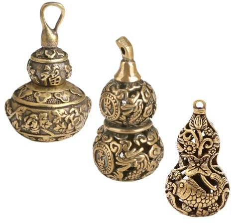 Ximimark 3 pcs Handmade Pure Copper Gourd Statue, Openable Lotus Gourd Sculpture, Chinese Fengshui Gourd Keychain Pendant, Car Key Chain Pendant