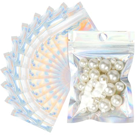 G2PLUS 100PCS Bolsas De Mylar,Bolsa Aluminio Resellable,9×12cm Bolsa Holográfica con Cremallera,Bolsas Planas Ziplock con Ventana Transparente para Muestra Comida,Joyería（Blanco Flash）