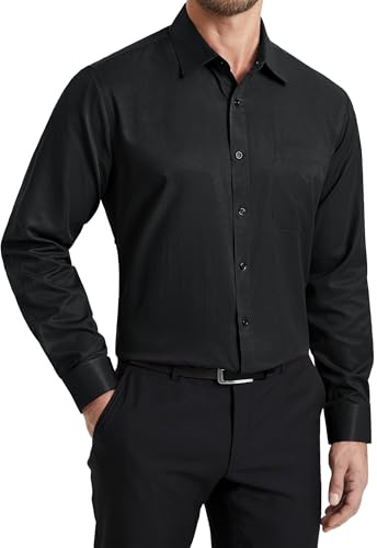 HISDERN Camicia da Uomo a Maniche Lunghe Casual Top per Business Tempo Libero e Cerimonia con Colletto Classico e Tasca Nero 4XL