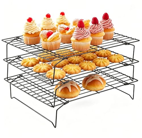 Carbon Steel Cooling Rack, 3 Tier Nonstick Baking Tray 13.39 x 9.65 Inch | stackable wire cookie rack, even air circulation, crossbar support, suitable for biscuits, cake, bread, pizza