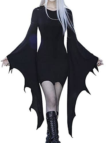Abito gotico da donna, sexy, spaventoso, costume da vampiro, abito da strega, scollo a V, cintura avvolgente, maniche a pipistrello, costume da steampunk, abito da festa rinascimentale, Nero, XL
