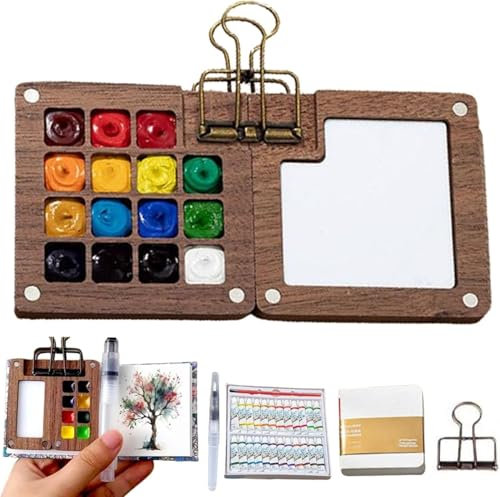 Mini Wood Palette Box with 15 Grids - Portable Pocket Travel Paint Set, Watercolour Sketchbook Palette Box with Metal Clip