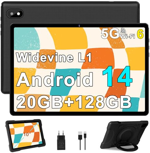 Tablet Tablet Android 10 Pulgadas con 20GB RAM+128GB ROM (TF 2TB), octa-core 2.0Ghz, Widevine L1, 5G WiFi, Bluetooth 5.0, IWAWA, GMS, 5MP+5MP, 1280 * 800 FHD IPS, Standby Extra Largo, EVA Caso, Negro