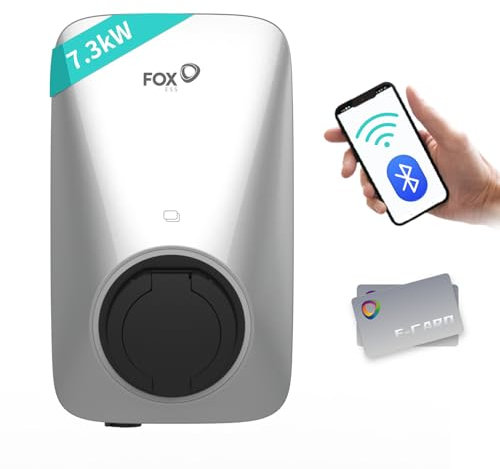 FoxEss Caricabatterie EV Tipo 2 7.3kW con Smart APP, Stazione di ricarica monofase 8A-32A, Wallbox 230V, IP65, WiFi e RFID, argento (senza cavo di ricarica)