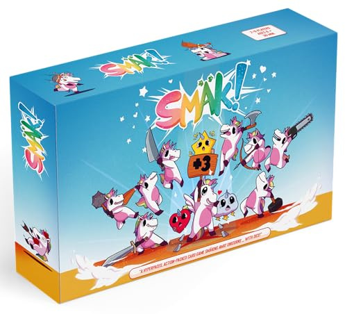 SMÄK! - Das actionreiche Kartenspiel mit nervigen Einhörnern und verrückten Würfelduellen. Ab 6+ Jahre, 30 Minuten, mit aufblasbarem Einhorn-Horn. Partyspiel für Groß und Klein.