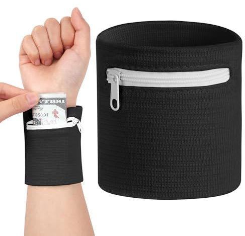 HAGOT Muñequera Cartera con Bolsillo, Muñequera Deportiva con Cremallera, Accesorios de Entrenamiento para Monedas, Llaves, Billetera - Unisex Adulto - Negro - 8.5x8.5 cm