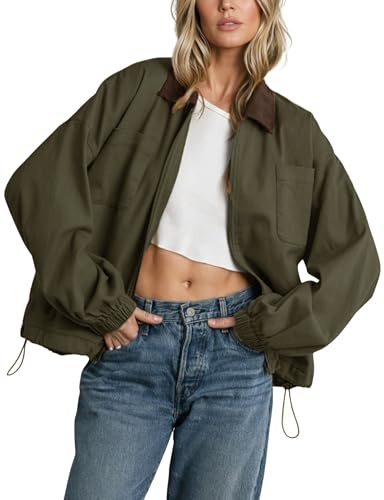 Meyhad Women’s Barn Jacket Corduroy Collar Zipper Utility Jacket Cinchable Hem Workwear Jacket with Pockets(0988-ArmyGreen-L)