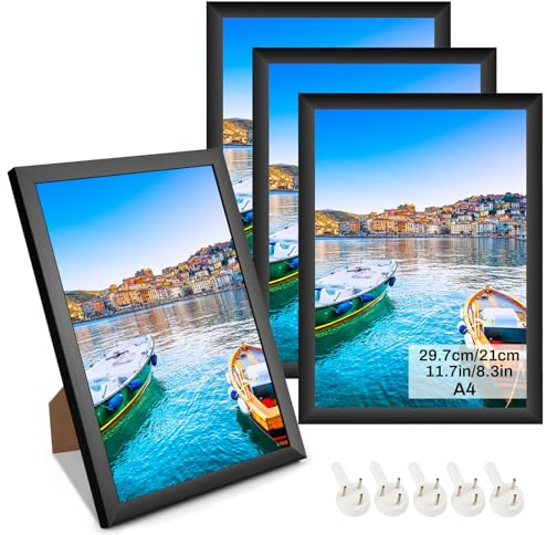 Set of 4 A4 Picture Frames 21 x 29,7 cm Black with Plexiglass – A4 Photo Frames for Wall or Table, Black Certificate Frames for Photos, Posters & Prints