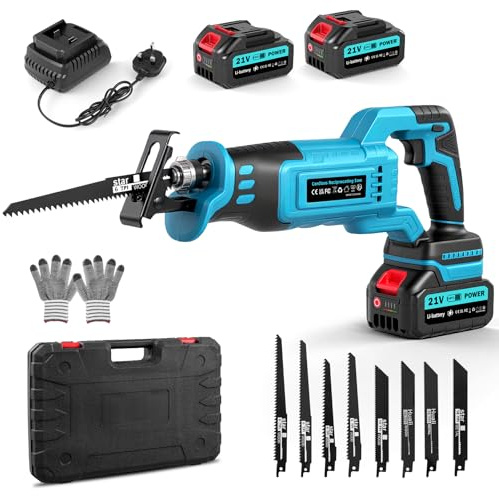 wowspeed 21V Reciprocating Saw, Cordless Electric Reciprocating Saw with 2*4Ah Battery&Rapid Charger, 0-4000RPM Electric Battery Powered Saws with Brushless Motor to Wood Metal PVC Cutting, 8 Blades