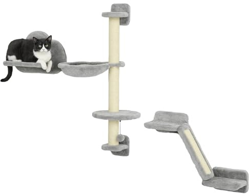 PawHut Juego de Pared de Escalada para Gatos de 3 Piezas con Hamaca Gris