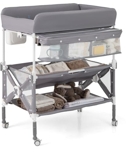 DREAMADE Table à Langer Bébé Pliable, Réglable en Hauteur avec Panier de Rangement, Étagère et 4 Roues avec Frein, Portable, Support Jusqu'à 11 kg, pour Nouveau-Nés (Gris)