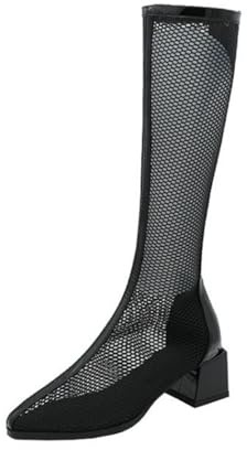 Générique Bottes Femmes Tulle Transparent Bout Carré Talon Bloc Fermeture Éclair Arrière Garniture Cuir Verni Bottines Mi-Hautes Respirantes pour Été