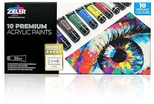 Zieler Premium Acrylic Paint Set (10 Tubes – 38ml - Essential Colours) Ideal for Paper, Canvas, Wood, Ceramic, Fabric & Crafts. Vibrant Colours & Rich Pigments