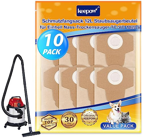 KEEPOW 10 Bolsas Aspiradora Universal para Einhell (12 Litros), Aspirador de Cenizas para Superficies Húmedas y Secas, Pack Familiar