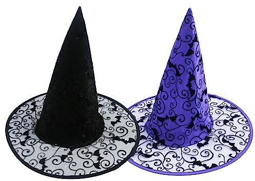Hooin Halloween-Hexenhut – Halloween-Hexen-/Zauberer-Partyhüte mit Spinnennetz. 2er-Pack (Schwarz & Lila)