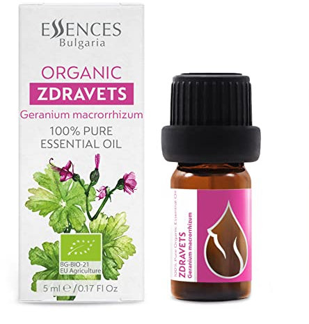 Essences Bulgaria Organic Zdravets Essential Oil 5ml | Geranium macrorrhizum | 100% Pure and Natural | Undiluted | Therapeutic Grade | Family Owned Farm | Steam-Distilled | Non-GMO | Vegan