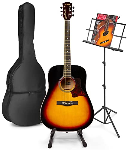 MAX SoloJam Westerngitarre, Akustik Gitarre Set, Acoustic Guitar, Akustikgitarre 4/4 mit Tasche, Gitarrenständer, Notenständer, Plektrum, Stimmgerät, Schultergurt, Saiten, Anfängergitarre - Sunburst