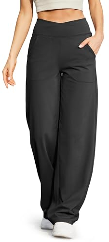 G4Free Yogahose Damen Lang Weite Jogginghose Hohe Taille Crossover Elegant Straighthose Bauchkontrolle Schlaghose Sporthose mit Taschen(Schwarz,S)