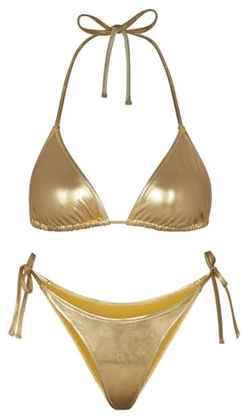 Bikini mtallique pour Femme Maillot de Bain 2 Pices Taille Haute avec String sur Le CT et Haut Triangle Brillant, dor, X-Small