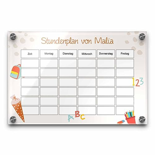 Abwischbarer Acryl Glas Stundenplan 1. Klasse - Personalisierter Wochenplan für die Schule zum Aufhängen - Geschenk zum Schulanfang für Schulanfänger Mädchen & Jungen