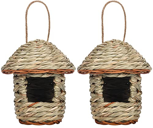 Uposao 2 Pcs Bird House for Garden or Outdoor, Hanging Bird Nesting Boxes, Straw Bird Nest House Natural Grass Hanging Bird House for Nesting, Wren Finch Bird House for Patio Lawn Home
