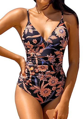 CUPSHE Women Swimsuit One Piece V Neck Tummy Control Ruched Front Low Back Bathing Suit Swimwear Vintage Brown Floral L