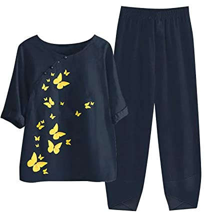 NUSGEAR 2023 Conjunto Dos Piezas Mujer algodón Lino Casual Camiseta manga larga y Pantalones otoño Primavera Deportivo Traje Talla grande Suelto Conjunto Moda Cómodo impresión Casa Pijama Chandal