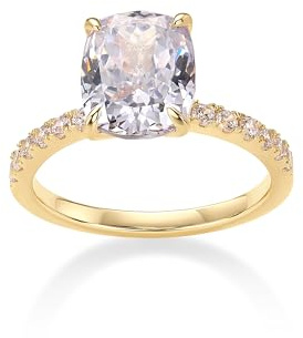 PAVOI 14K Yellow Gold Plated 3 CT Cushion Cut Engagement Ring for Women | Promise Wedding Band | Elongated Cubic Zirconia Fake Engagement Rings | Size 6