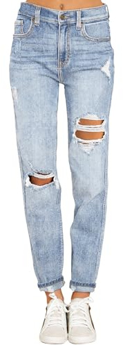 Roskiky Pantalones Vaqueros Boyfriend Jeans Elásticos Jeans de Mujer Cintura Alta Jeans Rasgados Jeans Estilo Mom Jeans Slim Denim, S