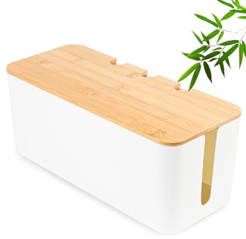 Kabelbox, Kabelmanagement Box, Kabel Organizer Box mit Holzdeckel, Große, Mittelgroß und Kleine Kabelmanagement Box Adapter, Steckerleisten, Kabel Verstecken Box Weiß (M=32 * 13.6 * 12.7cm)