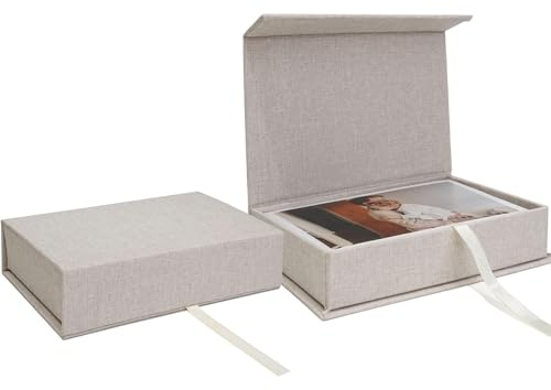 Vienrose Scatola Portafoto in Lino, 12.7 x 17.8 cm Box Foto Scatola e Memory Box per Foto, Immagini e Cartoline, Scatola Ricordi Regalo, Beige