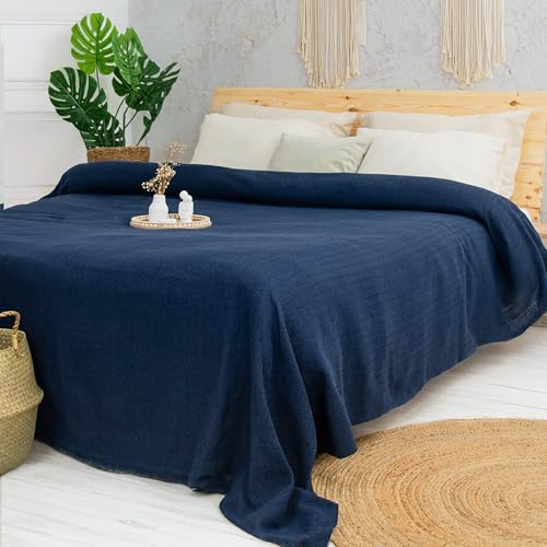 Milam London Colcha Cama Tamaño King - Mantas para Cama - Cubrecama Verano - Manta Algodón - Colchas de Verano Modernas Plaid - 220 x 240 cm Azul Marino