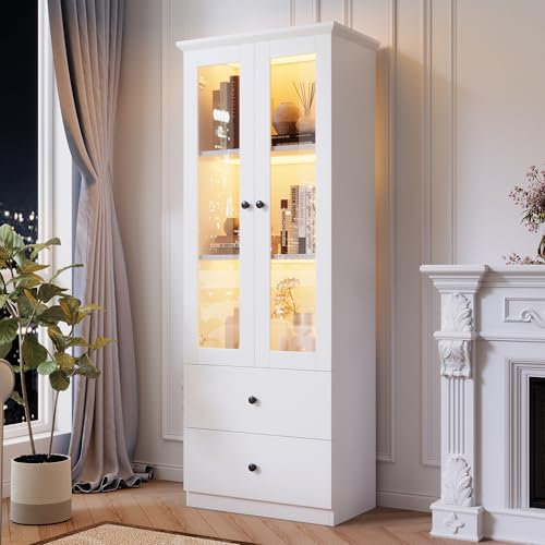 Merax Vetrina con illuminazione a LED, vetrina in vetro, armadio alto con 2 ripiani e 2 cassetti, ante in vetro, armadietto multiuso per soggiorno, ufficio, cucina, bianco opaco, 60 x 35,5 x 165 cm