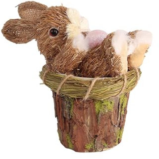 misppro Decoración de conejo de Pascua tejida con paja, adorno de primavera, estatua hecha a mano para oficina, patio, mesa, 9,5 x 16,5 x 14,5 cm