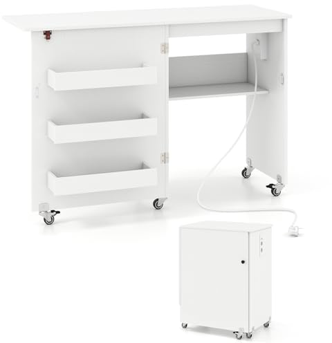 COSTWAY Mobile per Macchina da Cucire Pieghevole, Tavolo da Cucito con Stazione di Ricarica, Ruote Bloccabili, Ripiano e Contenitori (Bianco, 116 x 41 x 78 cm)